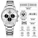 Naviforce Reloj de Cuarzo Blanco y Plateado 3 ATM con Cronógrafo, Correa de Acero Inoxidable y Diámetro de 42mm.