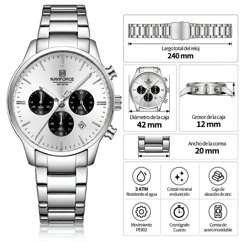 Naviforce Reloj de Cuarzo Blanco y Plateado 3 ATM con Cronógrafo, Correa de Acero Inoxidable y Diámetro de 42mm.