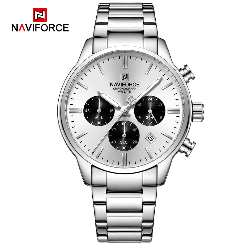 Naviforce Reloj de Cuarzo Blanco y Plateado 3 ATM con Cronógrafo, Correa de Acero Inoxidable y Diámetro de 42mm.