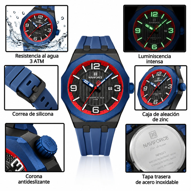 Naviforce Reloj de Cuarzo Negro y Azul 3 ATM con Calendario, Correa de Silicona y Diámetro de 46mm.