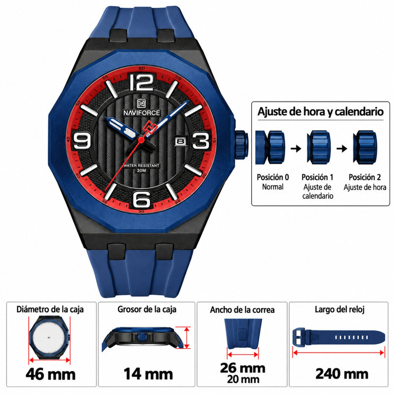 Naviforce Reloj de Cuarzo Negro y Azul 3 ATM con Calendario, Correa de Silicona y Diámetro de 46mm.