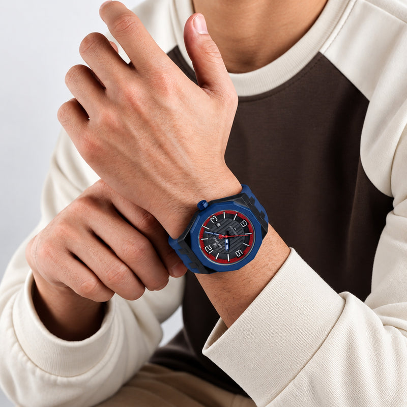 Naviforce Reloj de Cuarzo Negro y Azul 3 ATM con Calendario, Correa de Silicona y Diámetro de 46mm.