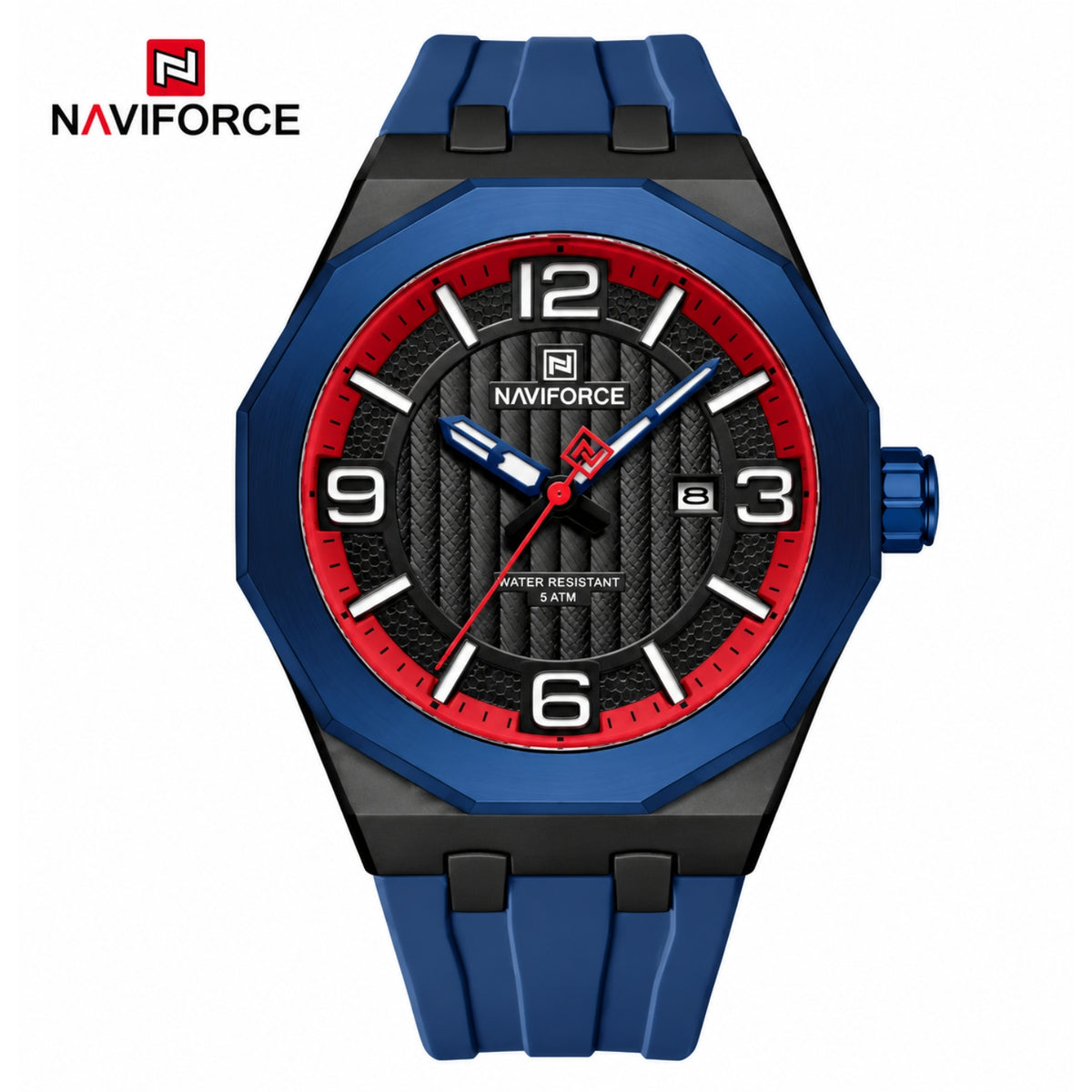 Naviforce Reloj de Cuarzo Negro y Azul 3 ATM con Calendario, Correa de Silicona y Diámetro de 46mm.