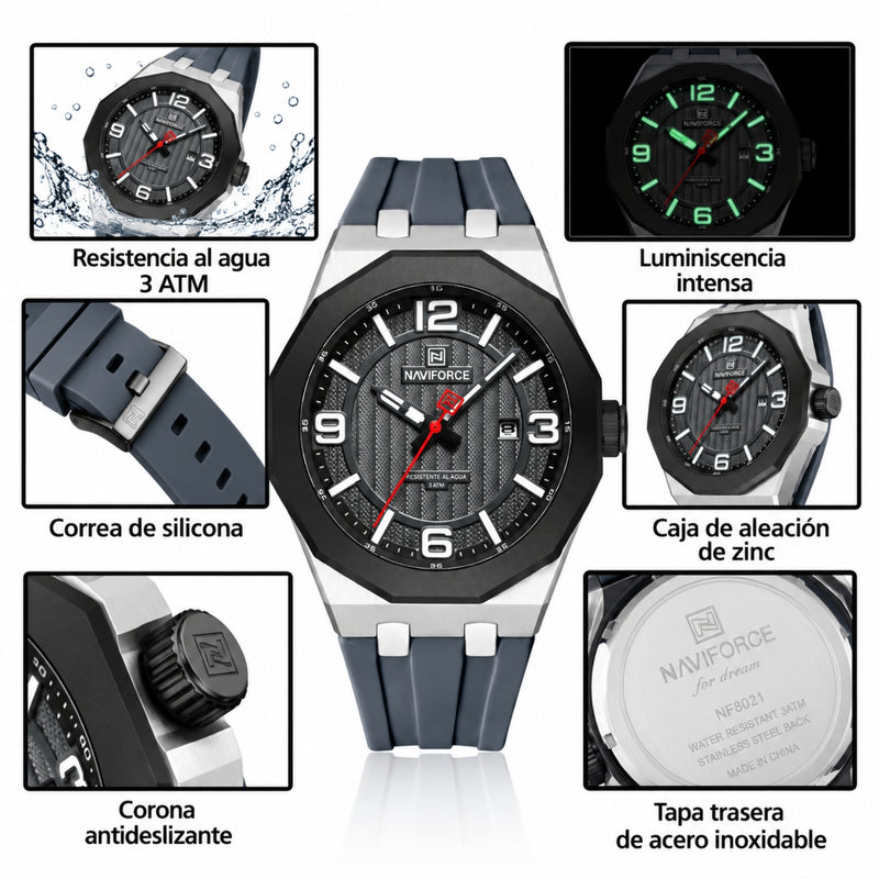 Naviforce Reloj de Cuarzo Negro y Gris 3 ATM con Calendario, Correa de Silicona y Diámetro de 46mm.