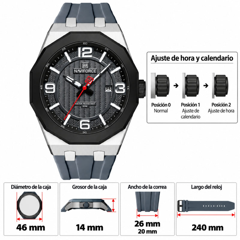 Naviforce Reloj de Cuarzo Negro y Gris 3 ATM con Calendario, Correa de Silicona y Diámetro de 46mm.