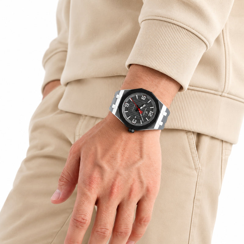 Naviforce Reloj de Cuarzo Negro y Gris 3 ATM con Calendario, Correa de Silicona y Diámetro de 46mm.