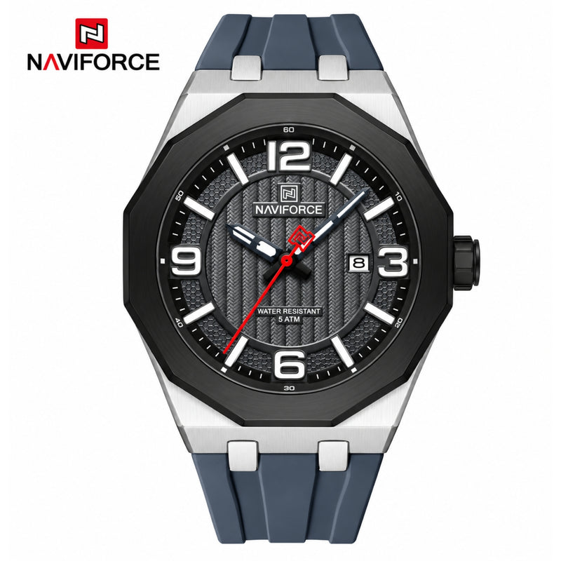 Naviforce Reloj de Cuarzo Negro y Gris 3 ATM con Calendario, Correa de Silicona y Diámetro de 46mm.