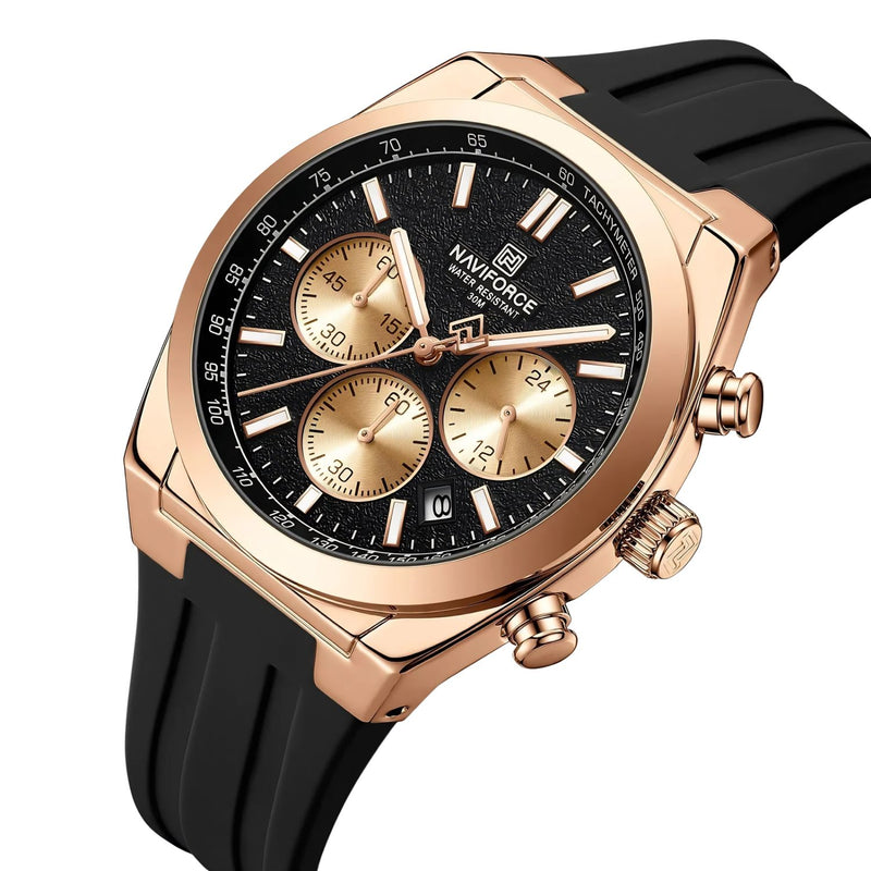 Naviforce Reloj de Cuarzo Negro y Oro Rosa 3 ATM con Cronógrafo, Correa de Silicona y Diámetro de 41mm.