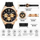 Naviforce Reloj de Cuarzo Negro y Oro Rosa 3 ATM con Cronógrafo, Correa de Silicona y Diámetro de 41mm.