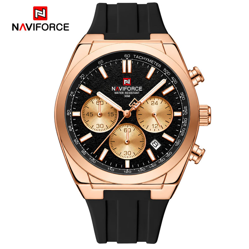 Naviforce Reloj de Cuarzo Negro y Oro Rosa 3 ATM con Cronógrafo, Correa de Silicona y Diámetro de 41mm.