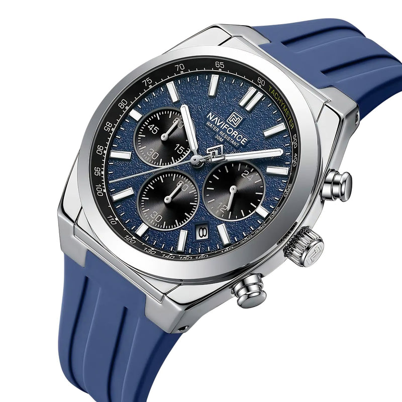 Naviforce Reloj de Cuarzo Azul y Plateado 3 ATM con Cronógrafo, Correa de Silicona y Diámetro de 41mm.