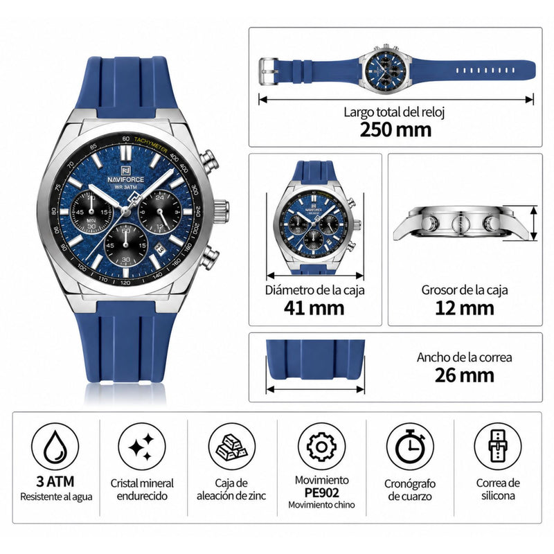 Naviforce Reloj de Cuarzo Azul y Plateado 3 ATM con Cronógrafo, Correa de Silicona y Diámetro de 41mm.