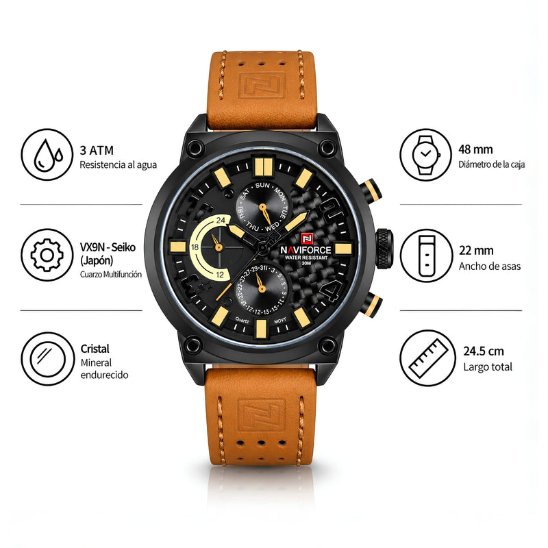 Naviforce Reloj Analógico Multifunción Negro para Hombre con Correa Marrón, Diámetro de 48 mm, Cristal Mineral Endurecido y Resistencia al Agua 3 ATM.
