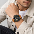 Naviforce Reloj Analógico Multifunción Negro para Hombre con Correa Marrón, Diámetro de 48 mm, Cristal Mineral Endurecido y Resistencia al Agua 3 ATM.