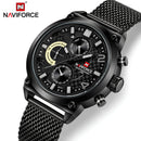 Naviforce Reloj Analógico Multifunción Negro para Hombre con Correa de Acero Inoxidable, Diámetro de 48 mm, Cristal Mineral Endurecido y Resistencia al Agua 3 ATM.