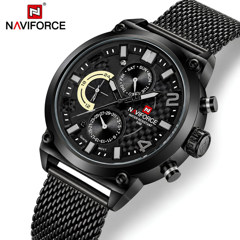 Naviforce Reloj Analógico Multifunción Negro para Hombre con Correa de Acero Inoxidable, Diámetro de 48 mm, Cristal Mineral Endurecido y Resistencia al Agua 3 ATM.