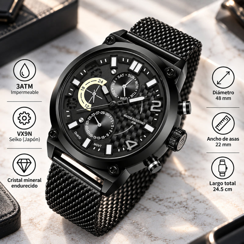 Naviforce Reloj Analógico Multifunción Negro para Hombre con Correa de Acero Inoxidable, Diámetro de 48 mm, Cristal Mineral Endurecido y Resistencia al Agua 3 ATM.