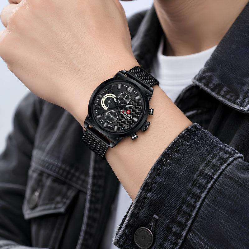 Naviforce Reloj Analógico Multifunción Negro para Hombre con Correa de Acero Inoxidable, Diámetro de 48 mm, Cristal Mineral Endurecido y Resistencia al Agua 3 ATM.