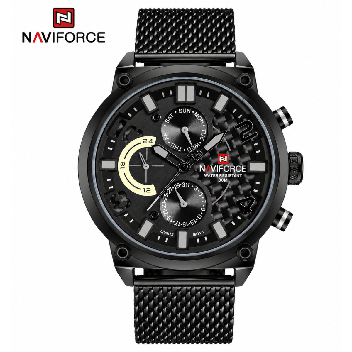 Naviforce Reloj Analógico Multifunción Negro para Hombre con Correa de Acero Inoxidable, Diámetro de 48 mm, Cristal Mineral Endurecido y Resistencia al Agua 3 ATM.