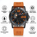 Naviforce Reloj Analógico y Digital Negro con Correa Marrón de Cuero Genuino, Diámetro de 45 mm, Cristal Mineral Endurecido y Resistencia al Agua 3 ATM.