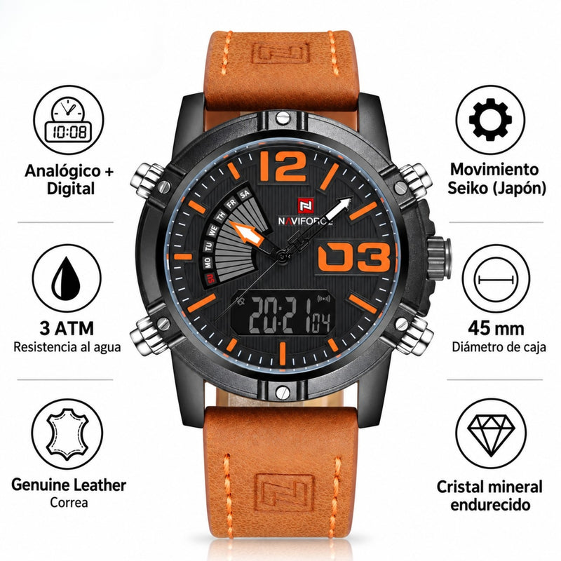 Naviforce Reloj Analógico y Digital Negro con Correa Marrón de Cuero Genuino, Diámetro de 45 mm, Cristal Mineral Endurecido y Resistencia al Agua 3 ATM.