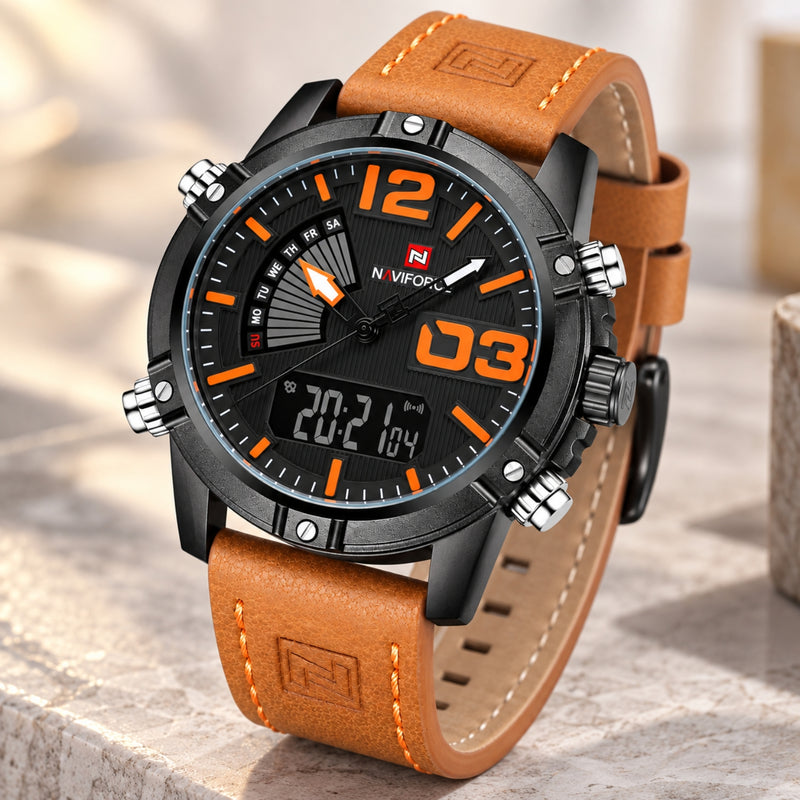 Naviforce Reloj Analógico y Digital Negro con Correa Marrón de Cuero Genuino, Diámetro de 45 mm, Cristal Mineral Endurecido y Resistencia al Agua 3 ATM.