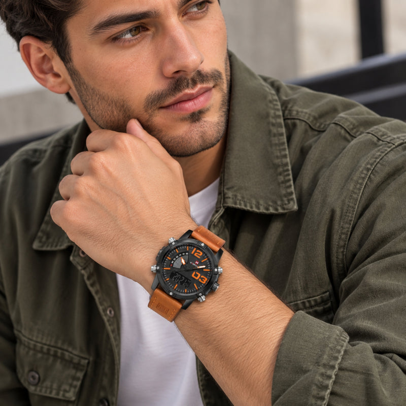 Naviforce Reloj Analógico y Digital Negro con Correa Marrón de Cuero Genuino, Diámetro de 45 mm, Cristal Mineral Endurecido y Resistencia al Agua 3 ATM.