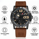 Naviforce Reloj Analógico y Digital Negro con Correa Marrón Oscuro de Cuero Genuino, Diámetro de 45 mm, Cristal Mineral Endurecido y Resistencia al Agua 3 ATM.