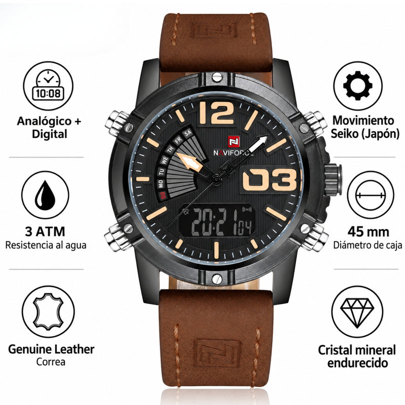 Naviforce Reloj Analógico y Digital Negro con Correa Marrón Oscuro de Cuero Genuino, Diámetro de 45 mm, Cristal Mineral Endurecido y Resistencia al Agua 3 ATM.