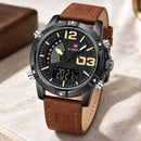 Naviforce Reloj Analógico y Digital Negro con Correa Marrón Oscuro de Cuero Genuino, Diámetro de 45 mm, Cristal Mineral Endurecido y Resistencia al Agua 3 ATM.