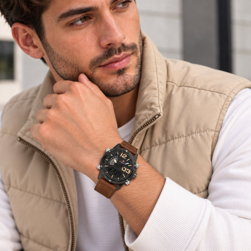 Naviforce Reloj Analógico y Digital Negro con Correa Marrón Oscuro de Cuero Genuino, Diámetro de 45 mm, Cristal Mineral Endurecido y Resistencia al Agua 3 ATM.
