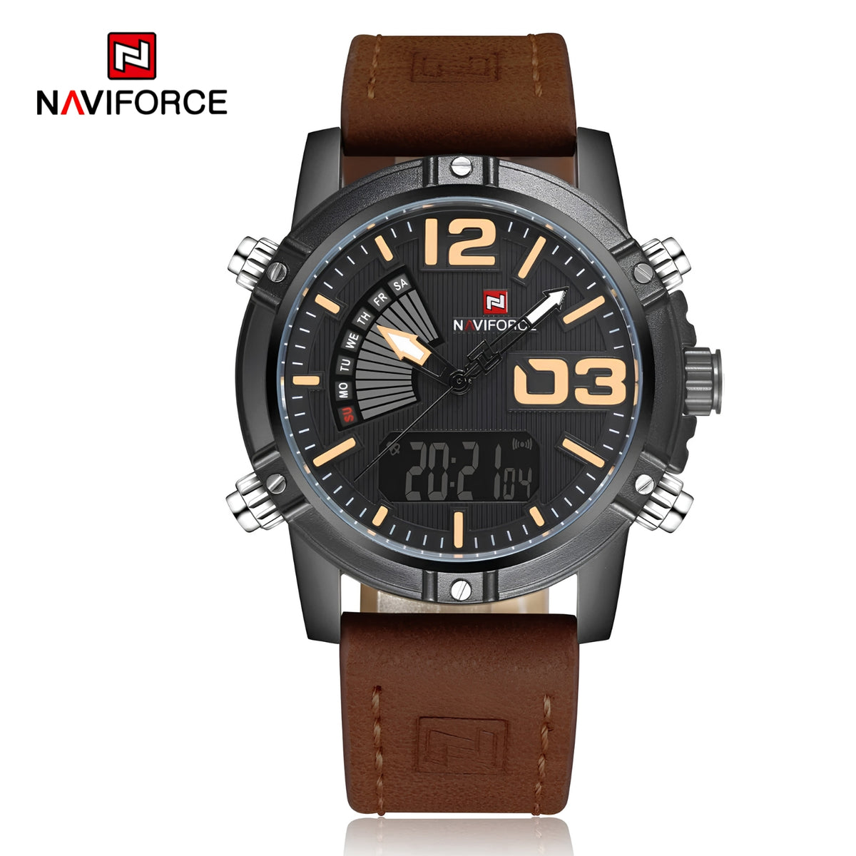 Naviforce Reloj Analógico y Digital Negro con Correa Marrón Oscuro de Cuero Genuino, Diámetro de 45 mm, Cristal Mineral Endurecido y Resistencia al Agua 3 ATM.