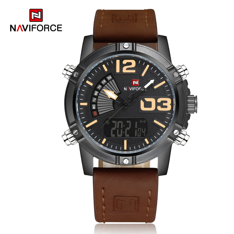 Naviforce Reloj Analógico y Digital Negro con Correa Marrón Oscuro de Cuero Genuino, Diámetro de 45 mm, Cristal Mineral Endurecido y Resistencia al Agua 3 ATM.