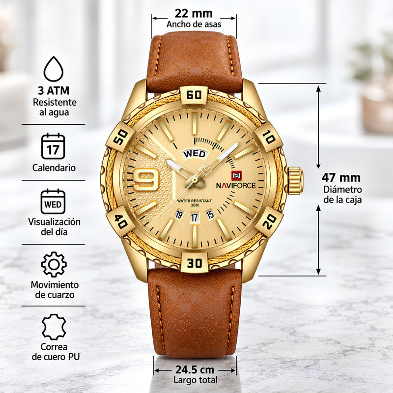 Naviforce Reloj Analógico Dorado para Hombre con Correa Marrón Claro de Cuero PU, Diámetro de 47 mm, Cristal Mineral Endurecido, Calendario y Resistencia al Agua 3 ATM.