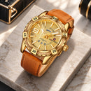 Naviforce Reloj Analógico Dorado para Hombre con Correa Marrón Claro de Cuero PU, Diámetro de 47 mm, Cristal Mineral Endurecido, Calendario y Resistencia al Agua 3 ATM.