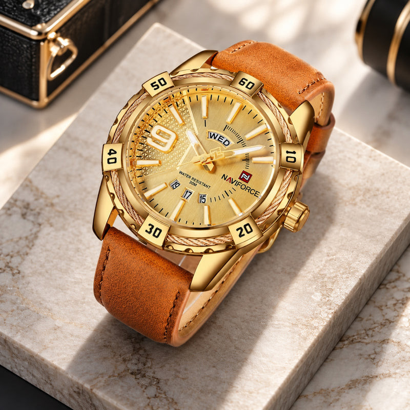 Naviforce Reloj Analógico Dorado para Hombre con Correa Marrón Claro de Cuero PU, Diámetro de 47 mm, Cristal Mineral Endurecido, Calendario y Resistencia al Agua 3 ATM.