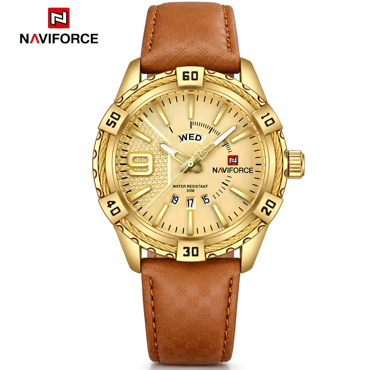 Naviforce Reloj Analógico Dorado para Hombre con Correa Marrón Claro de Cuero PU, Diámetro de 47 mm, Cristal Mineral Endurecido, Calendario y Resistencia al Agua 3 ATM.