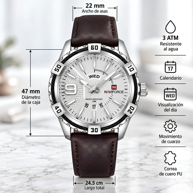 Naviforce Reloj Analógico Plateado para Hombre con Correa Marrón Oscuro de Cuero PU, Diámetro de 47 mm, Cristal Mineral Endurecido, Calendario y Resistencia al Agua 3 ATM.