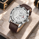 Naviforce Reloj Analógico Plateado para Hombre con Correa Marrón Oscuro de Cuero PU, Diámetro de 47 mm, Cristal Mineral Endurecido, Calendario y Resistencia al Agua 3 ATM.