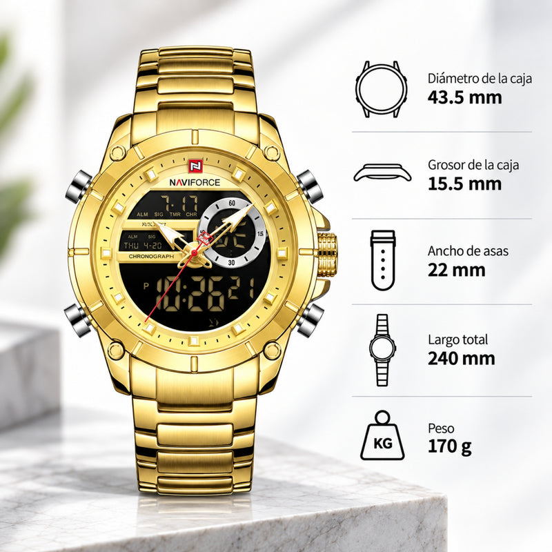 Naviforce Reloj Analógico y Digital Dorado con Correa de Acero Inoxidable, Diámetro de 43.5 mm, Cristal Mineral Endurecido y Resistencia al Agua 3 ATM.