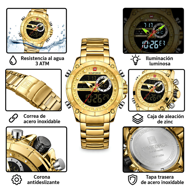 Naviforce Reloj Analógico y Digital Dorado con Correa de Acero Inoxidable, Diámetro de 43.5 mm, Cristal Mineral Endurecido y Resistencia al Agua 3 ATM.