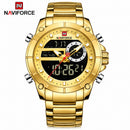 Naviforce Reloj Analógico y Digital Dorado con Correa de Acero Inoxidable, Diámetro de 43.5 mm, Cristal Mineral Endurecido y Resistencia al Agua 3 ATM.