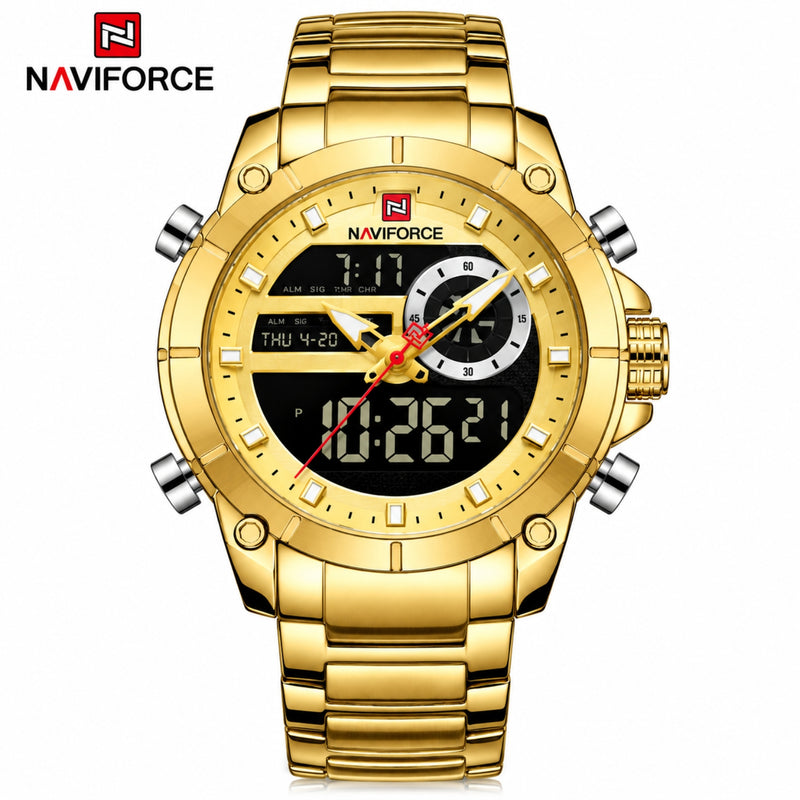 Naviforce Reloj Analógico y Digital Dorado con Correa de Acero Inoxidable, Diámetro de 43.5 mm, Cristal Mineral Endurecido y Resistencia al Agua 3 ATM.
