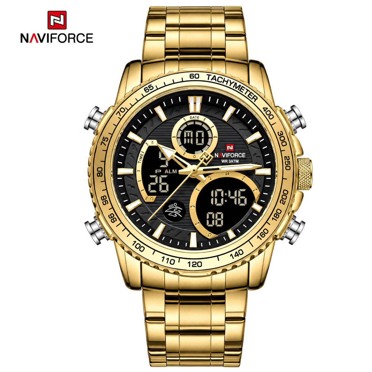 Naviforce Reloj Analógico y Digital en Color Dorado con Esfera Negra y Correa de Acero Inoxidable, Diámetro de 45.5 mm y Resistencia al Agua 3 ATM.
