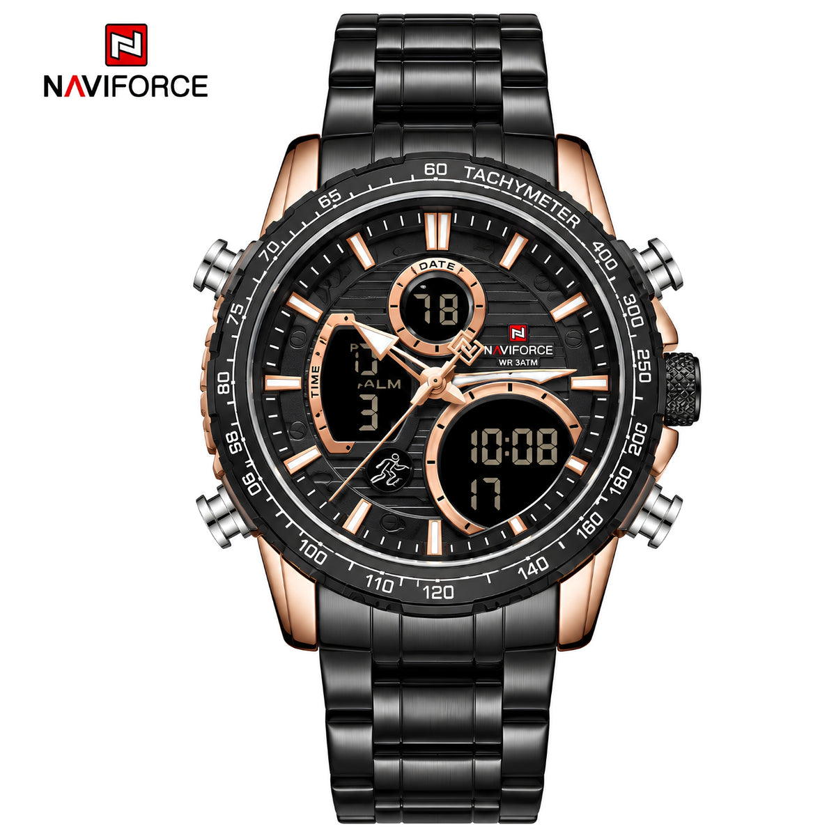 Naviforce Reloj Analógico y Digital en Color Negro y Rose Gold con Correa de Acero Inoxidable, Diámetro de 45.5 mm y Resistencia al Agua 3 ATM.