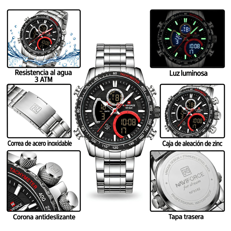 Naviforce Reloj Analógico y Digital Plateado con Esfera Negra y Correa de Acero Inoxidable, Diámetro de 45.5 mm y Resistencia al Agua 3 ATM.
