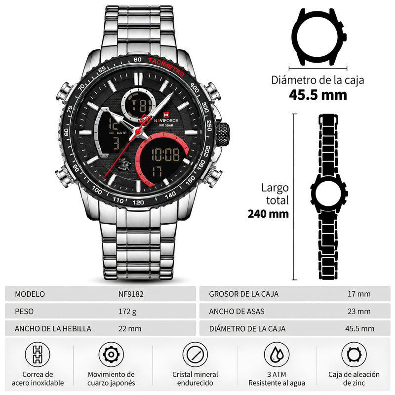 Naviforce Reloj Analógico y Digital Plateado con Esfera Negra y Correa de Acero Inoxidable, Diámetro de 45.5 mm y Resistencia al Agua 3 ATM.