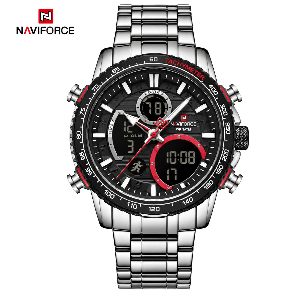 Naviforce Reloj Analógico y Digital Plateado con Esfera Negra y Correa de Acero Inoxidable, Diámetro de 45.5 mm y Resistencia al Agua 3 ATM.