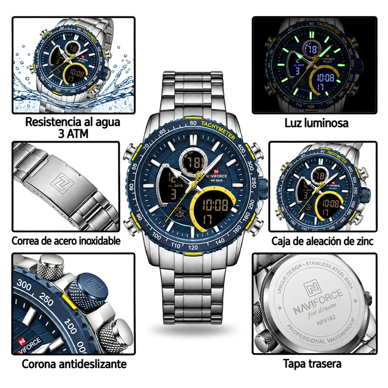Naviforce Reloj Analógico y Digital Plateado con Esfera Azul y Correa de Acero Inoxidable, Diámetro de 45.5 mm y Resistencia al Agua 3 ATM.
