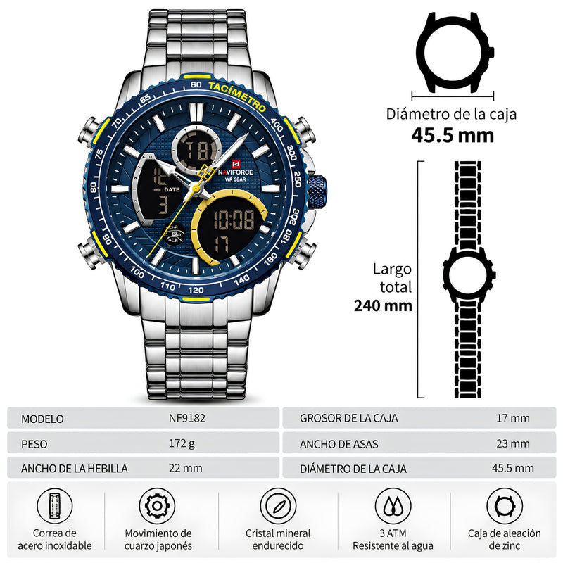 Naviforce Reloj Analógico y Digital Plateado con Esfera Azul y Correa de Acero Inoxidable, Diámetro de 45.5 mm y Resistencia al Agua 3 ATM.